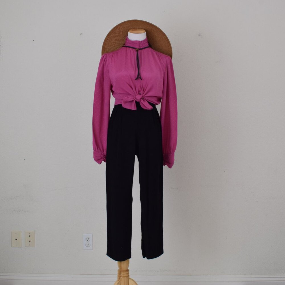 Vintage 80s pink Polyester Secretary Blouse by Cabrais - Picture 7 of 11